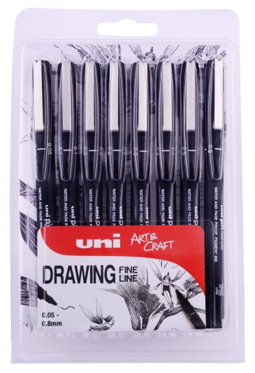 UNI-BALL PIN DRAWING PENS ASS PK 8